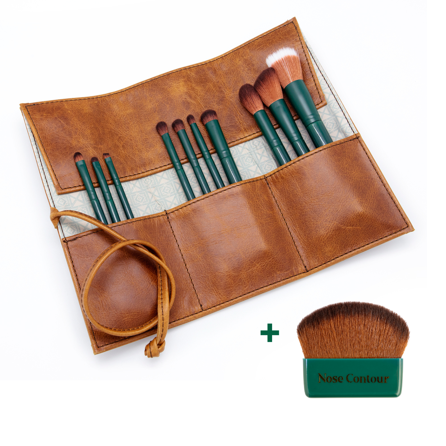 10 Piece Brush Set incl. Leather Folder + Nose Contouring Brush